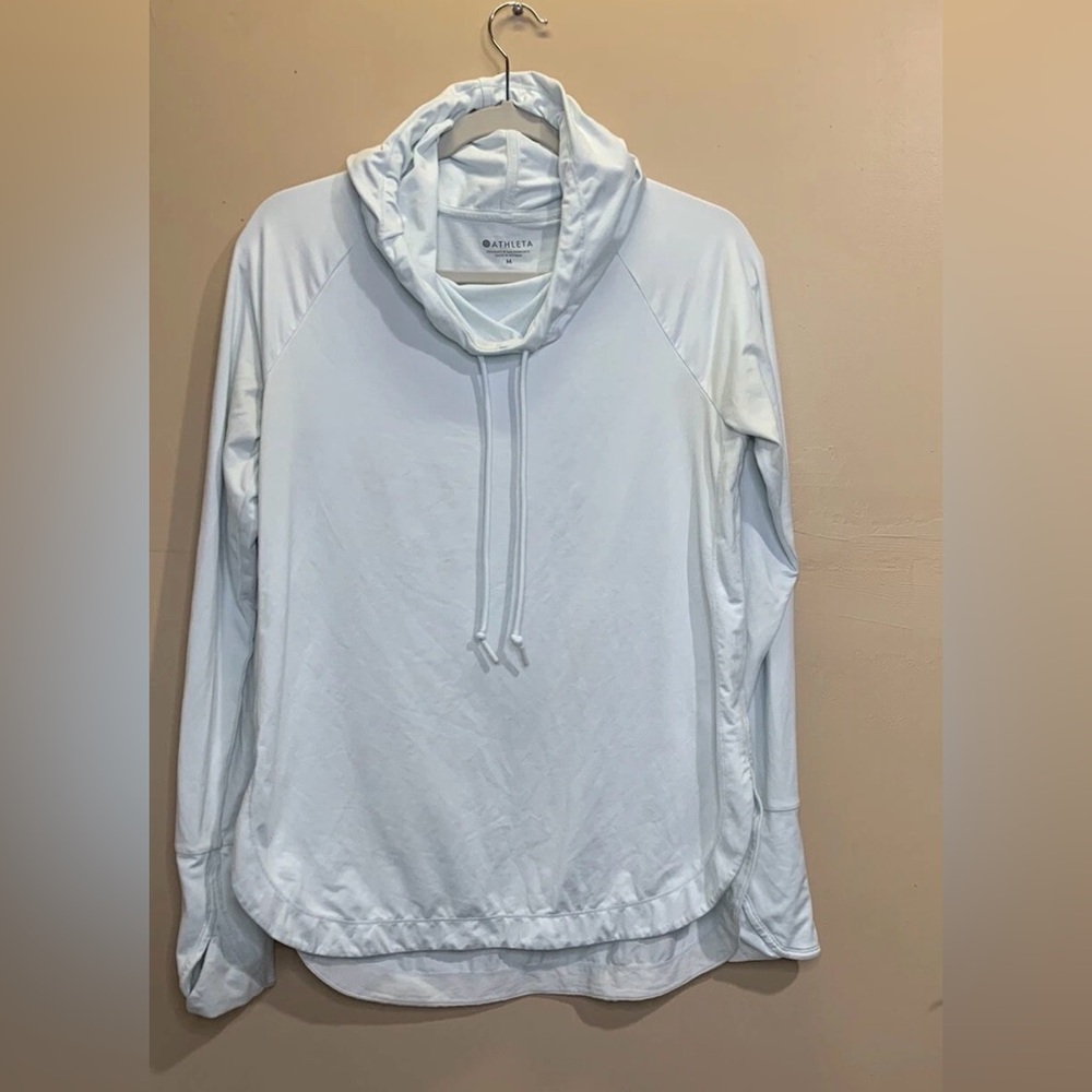 Athleta Hoodie Women’s‎ Large Light Blue Funnel Neck Hooded Thumbhole Pullover - Picture 6 of 7